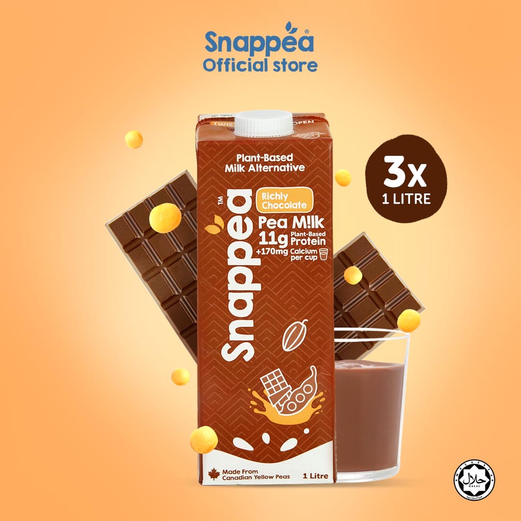 Snappea Richly Chocolate Pea Milk (3x 1L) UHT Plant Based Milk, Vegan