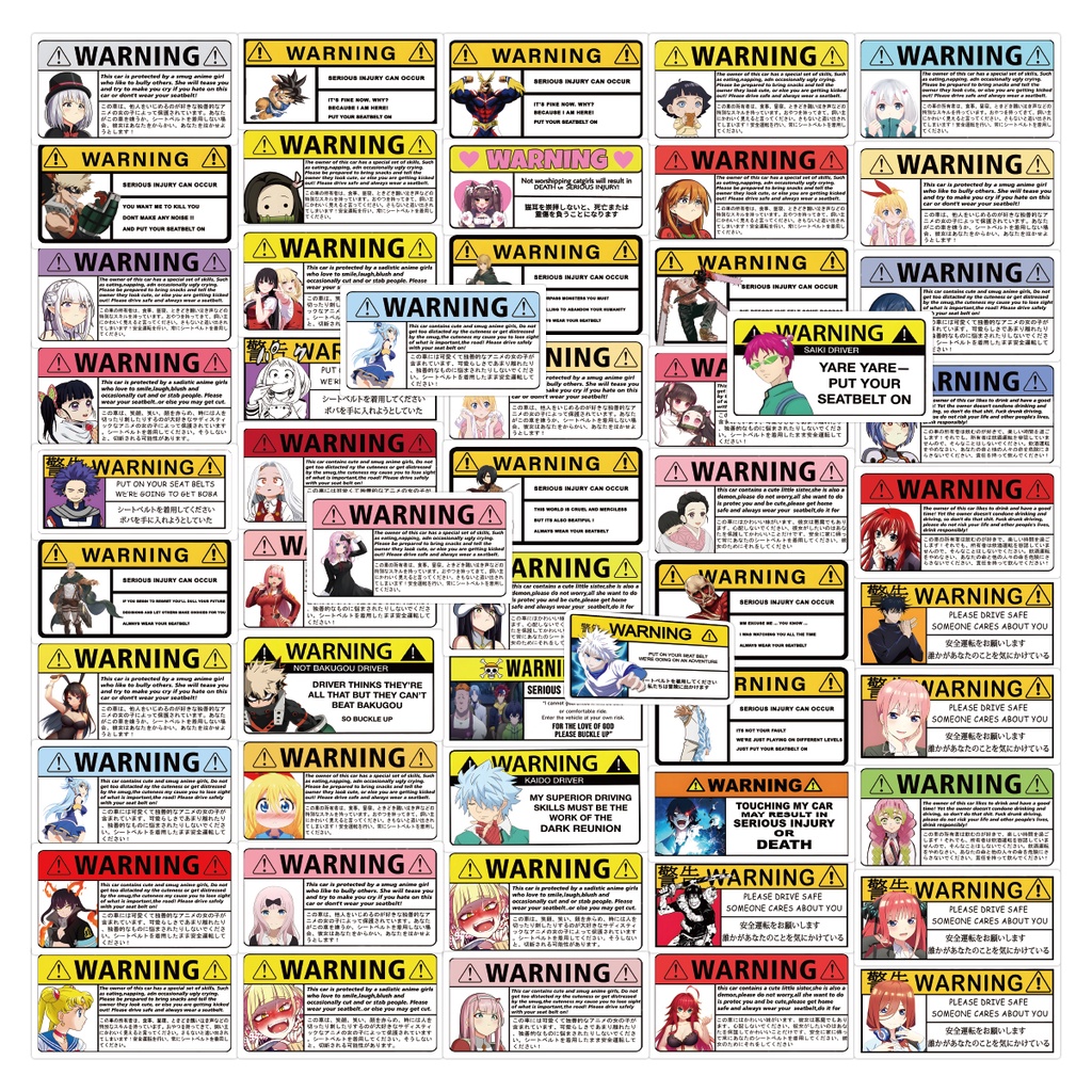 50pcs Anime Stickers Warning Sticker Cartoon Stickers Waterproof Vinyl Water Bottle Sticker Laptop Stickers Journal Stickers