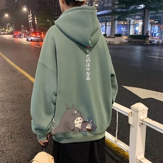M-XXXL Korean Style Winter Unisex Hoodie Oversized Cute Totoro Printing Men's Trendy Long Sleeve Sweatshirt Baggy Casual Hooded Sweater Green Grey