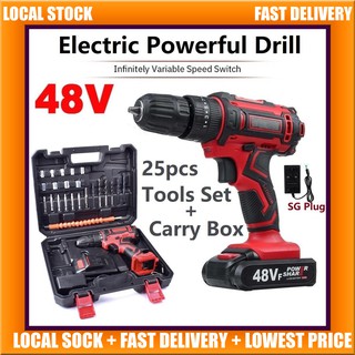 48V Cordless Drill Electric Drill Wall Drill with 25 Pieces Tools Set 25 Torque level LED 电钻 墙钻