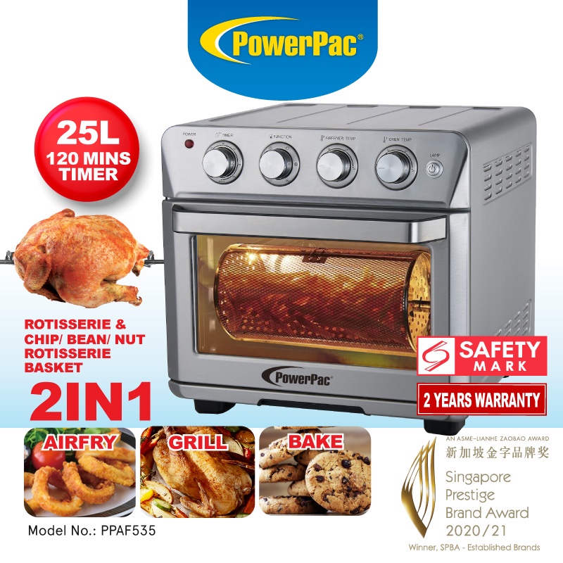 PowerPac Air Fryer Oven With Rotisseries , Air Fryer Basket & Bin 25L