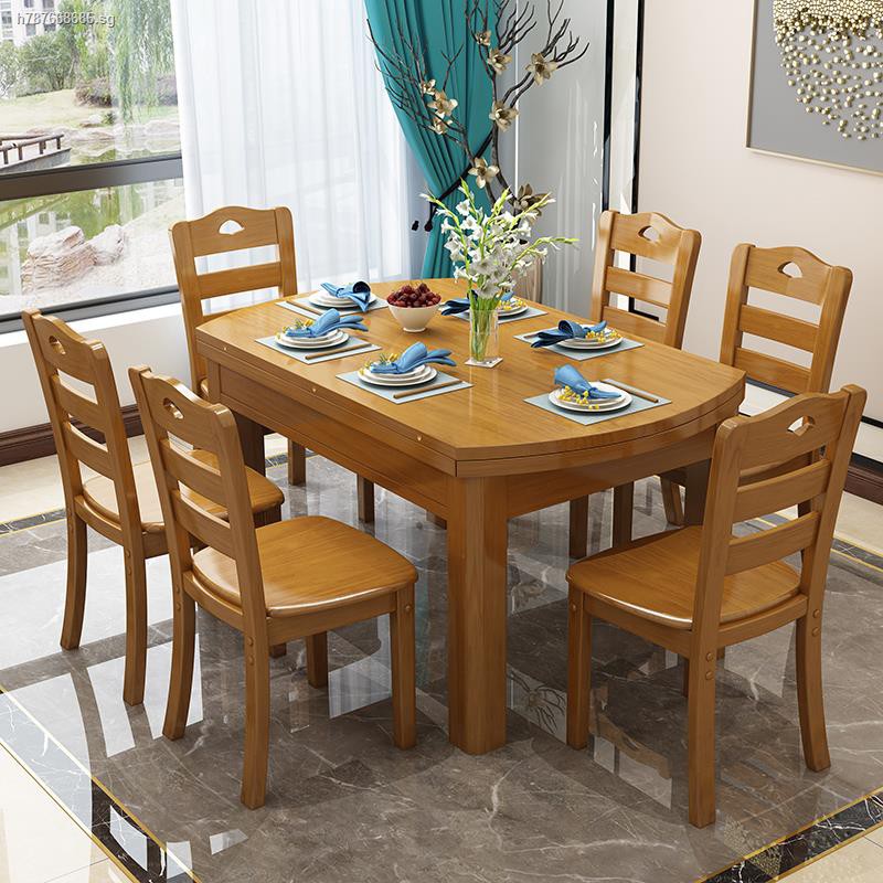 Solid Wood Dining Table Small Family Home Folding Scalable Round Table 6 People 8 Eat Desk And Chair Combination Shopee Singapore