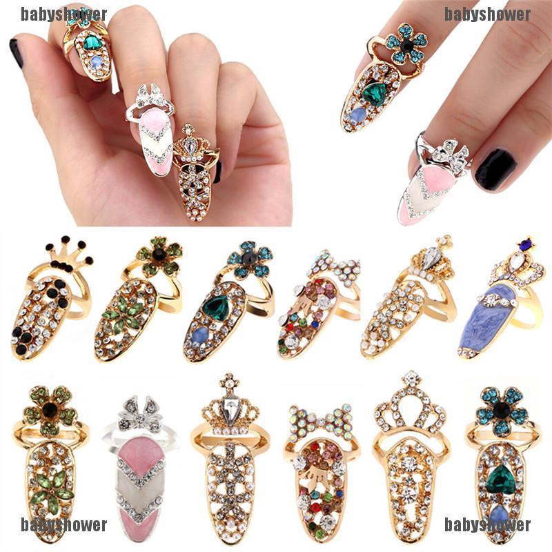 Women Pretty Bowknot Nail Ring Charm Crown Flower Crystal Finger Nail Rings SG