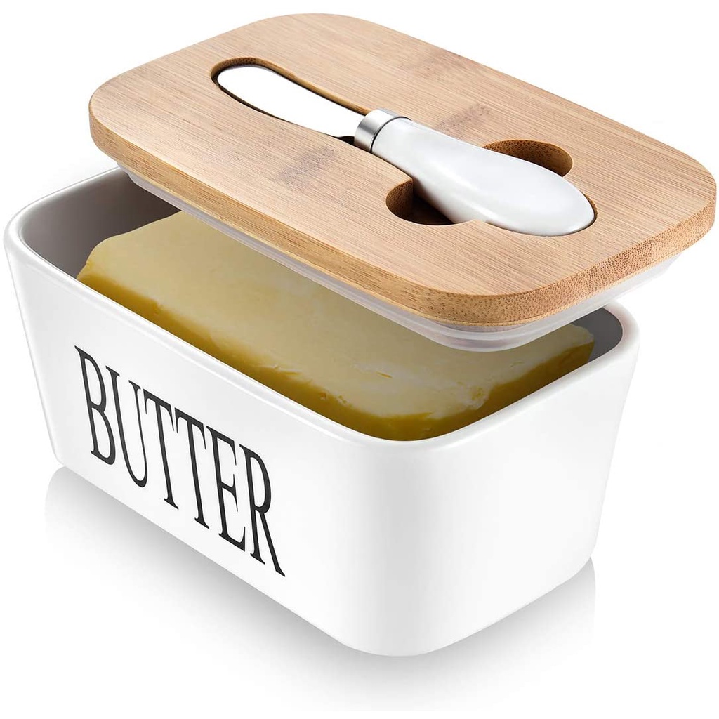 Butter Dish with Lid for Countertop Butter Container to Keep Your Butter Fresh Porcelain Butter Keeper for Counter Butter Dishes with Covers Holds 2 Butter Sticks Butter Holder with Lid & Knife 