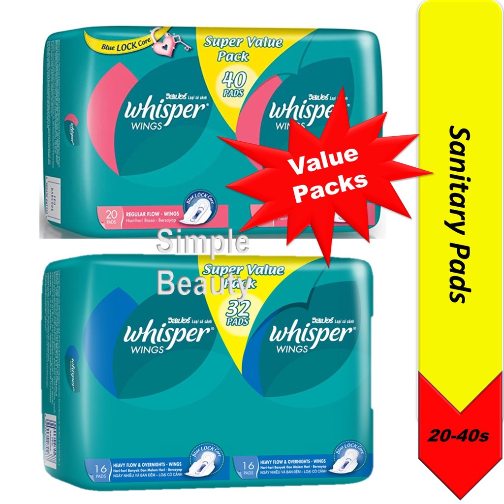 Whisper Sanitary Pads Regular / Heavy Flow Overnight, Wings / NonWing