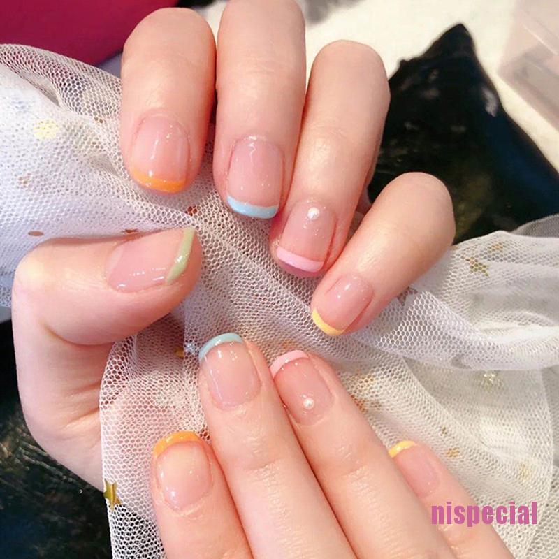 Nis Beauty 24pcs Rainbow Pearl Long False Nails Art Acrylic Full Cover Tips Manicure Glue Shopee Singapore