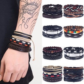 Image of 3Pcs/set Fashion Mens Punk Leather Wrap Braided Wristband Cuff Punk Bracelet Bangle