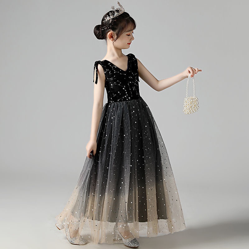 Christmas Pop Piano Performance Clothes Girls Dress Princess Dress Foreign Style Black Birthday Puffy Yarn Little Girls Catwalk Performance Children 圣诞节爆款钢琴演出服女童礼服公主裙洋气黑色生日蓬蓬纱小女孩走秀表演儿童