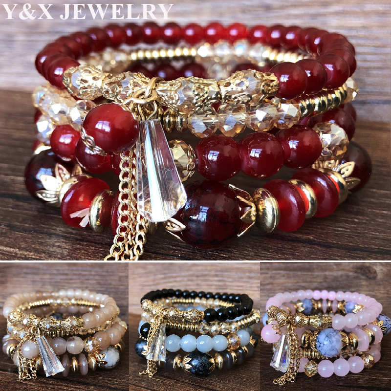 【Y&X】4Pcs/Set Bohemia Crystal Beaded Beads Chain Cuff Bohemia Valentine Bracelets Set Bangle Women