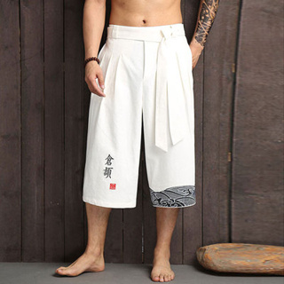 Men's Japanese Kimono Summer Casual Wide-Length Pants Man Traditional Style Print Character Cropped Trouser