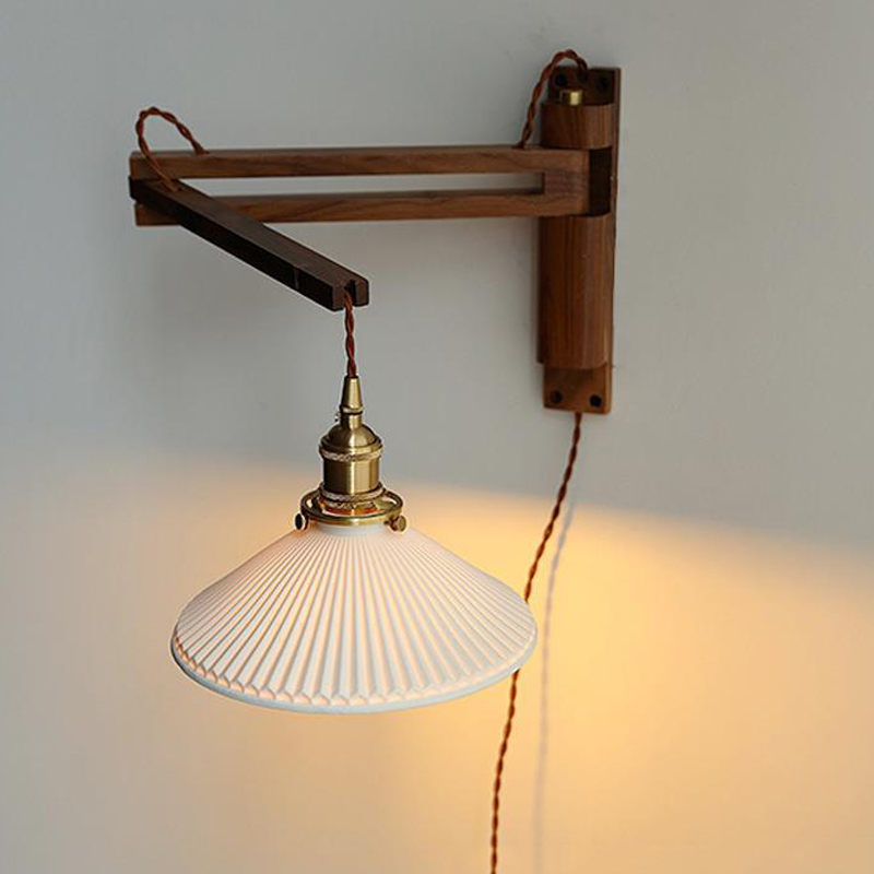 Japanese Walnut Retro Telescopic Swing Arm Wall Lamp Ceramic Wood Wall Lights Art Decor Telescopic F