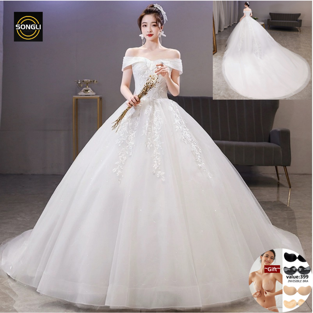 Off shoulder wedding dress gown 2022 new bride's main dress court style trailing French light simple