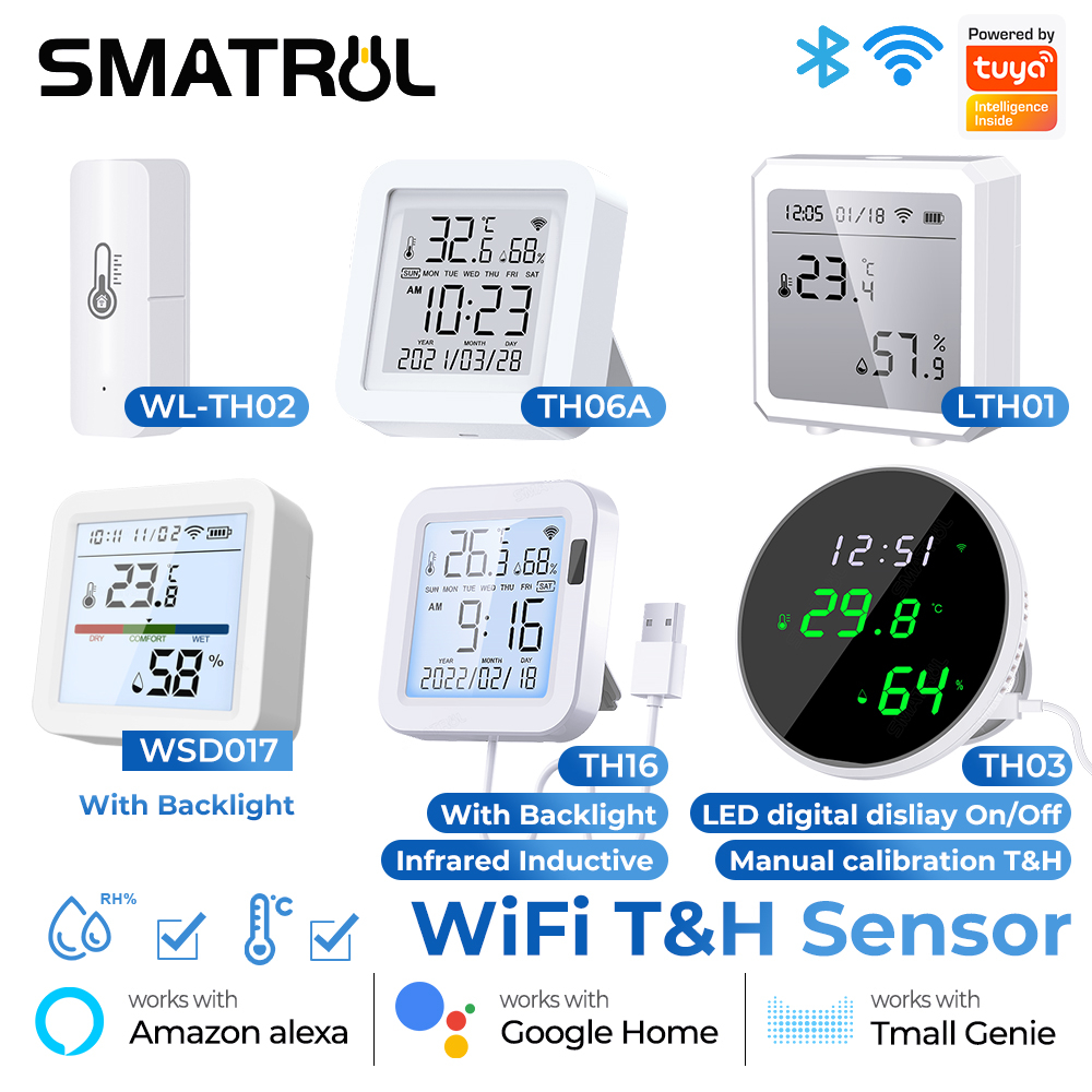 SMATRUL Tuya Wifi Smart Temperature Humidity Sensor Mirror Screen LED Digital Display Clock Indoor Alarm Push Hygrometer Thermometer Usb Detector Smart Life Alexa Google Home