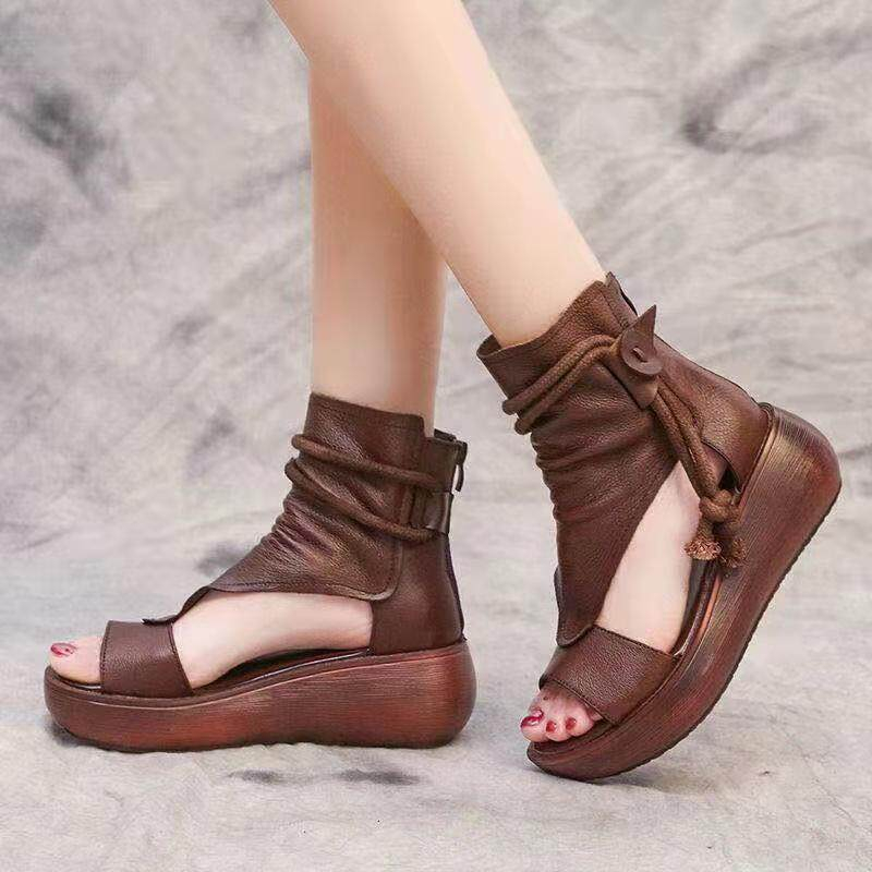 Roman Style 2.5 inches Thick Bottom Waterproof Brown Ankle Open Toe Sandal Boots for Women