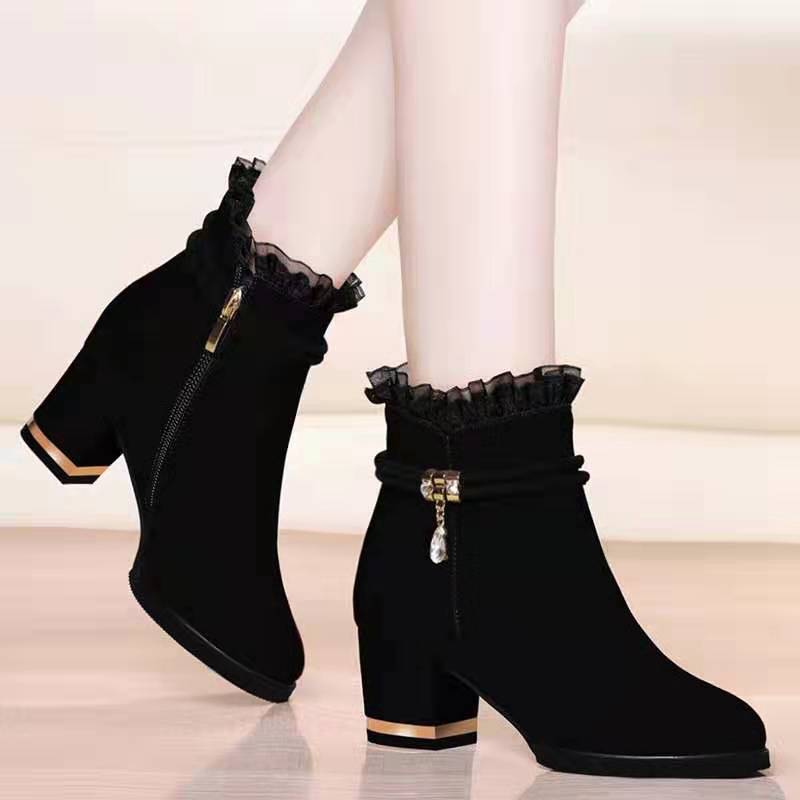 Korean Fashion Suede Ankle Lace Zipper Short Boots with Heels 2 inches High For Women and Girls Scho