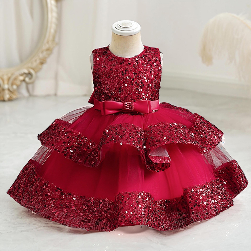 WFRV 2024 Summer Sequin Big Bow Baby Girl Gown 1st Birthday Party Wedding Dress For Girl Palace Prin