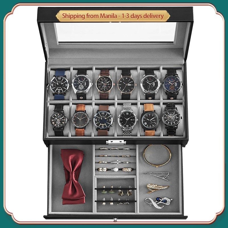 【COD】12-Slot Watch Box PU Leather Case Organizer with Jewelry Drawer for Storage and Display