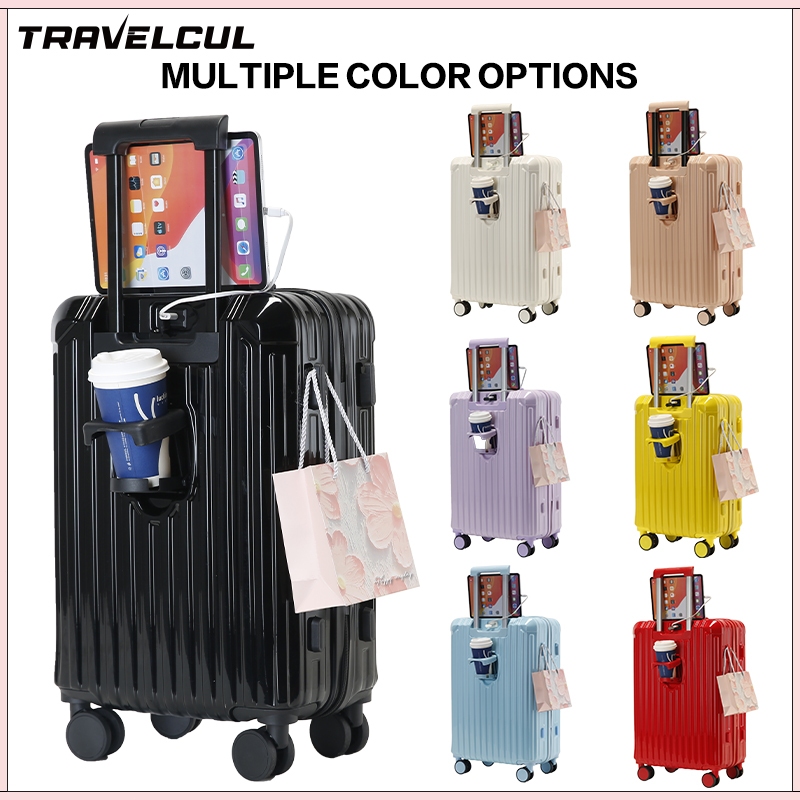 TRAVELCUL 20/24Inch Cup Holder Hand Carry Luggage USB Port Luggage Travel Bag 360° Universal Wheel S