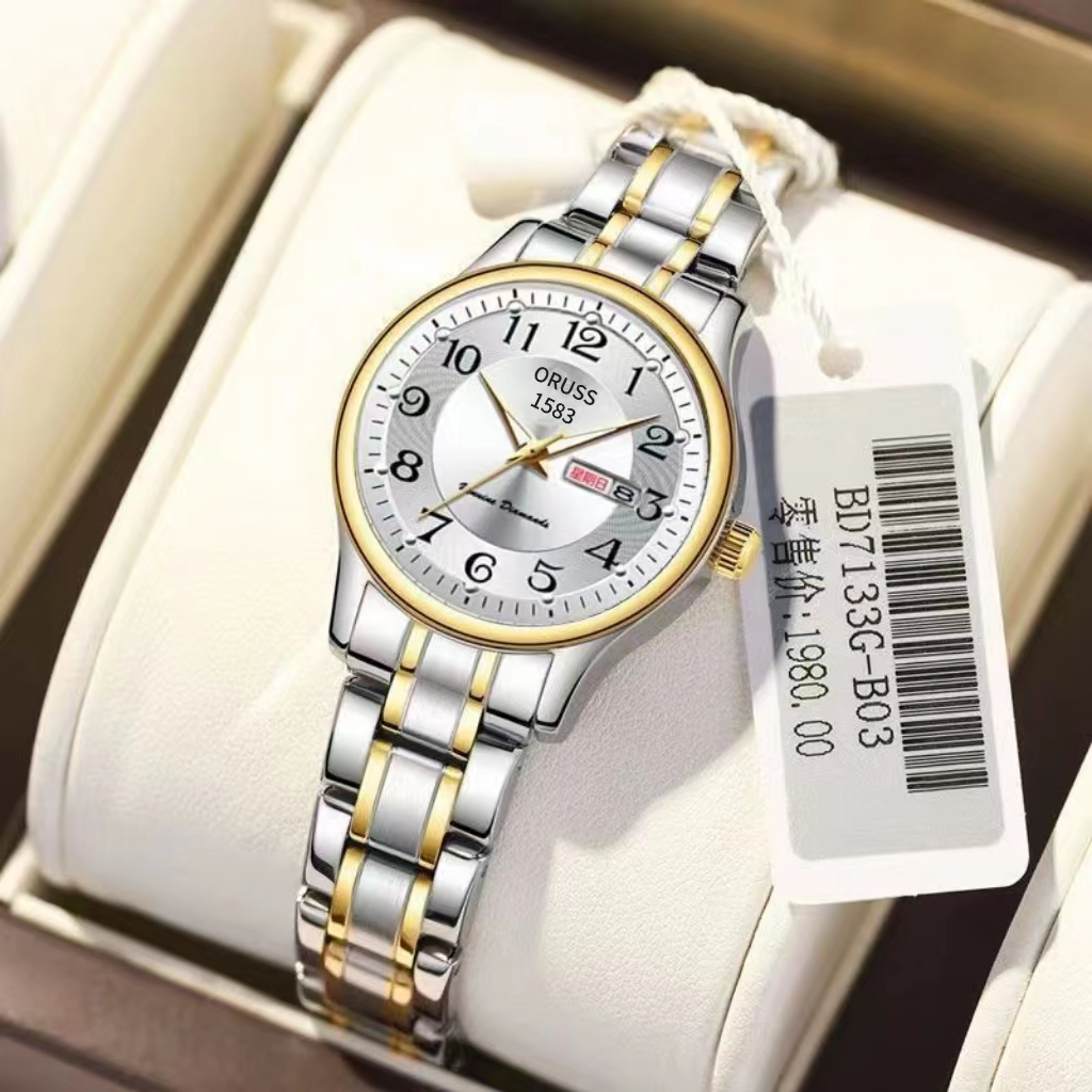 [Gift][With Box]ORUSS Original Luxury Dual Calendar Stainless Steel Fashion Waterproof Ladies Watch