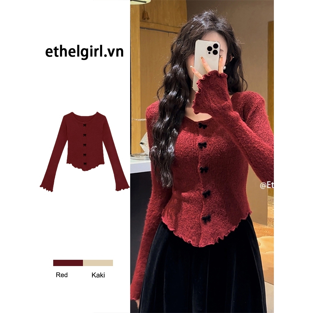 Ethelgirl Hàn Quốc Nữ Quần Áo Đỏ Năm Mới Giáng Sinh Slim Fit Cổ Tròn Micro Flare Tay Áo Dệt Kim card