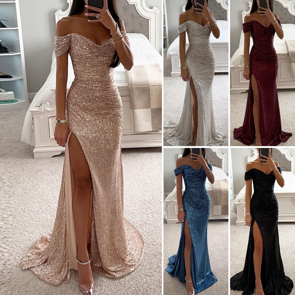Sparkling Women's Dress Off-shoulder Gown Dress Women Sparkling V-neck Off Shoulder Maxi for Evening