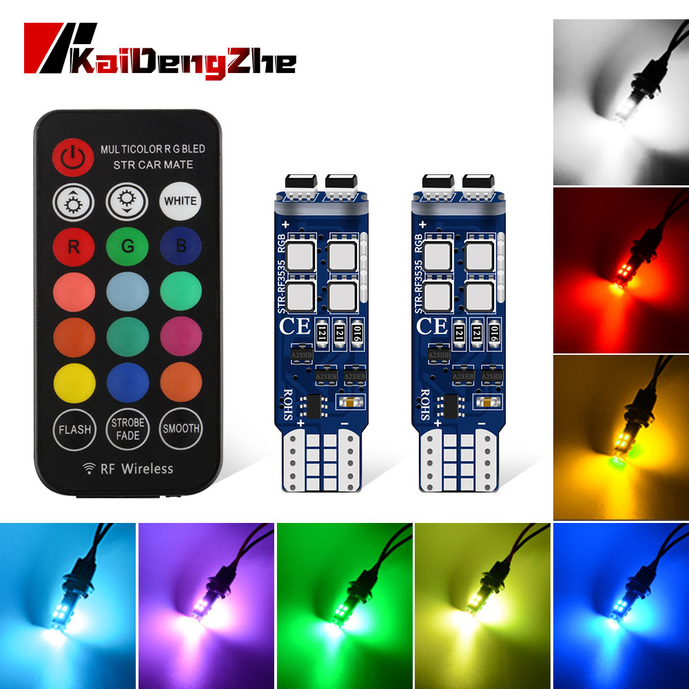 2 Miếng T10 W5W 3535 Chip điều khiển từ xa ô tô Đèn LED 10 SMD Nhiều màu RGB Đèn chiếu sáng trong nhà @ @ Đèn Mento với 16 chế độ chiếu sáng