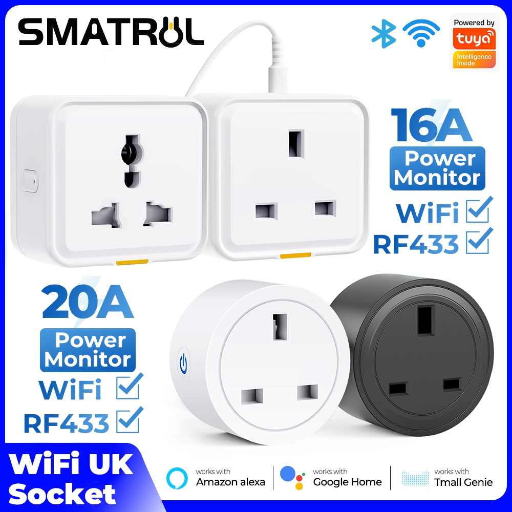 SMATRUL Smart Plug Socket 20A/16A Monitor Power Multi Timer Plug Tuya WiFi RF433 Wireless Adapter Remote Control Voice for Google Home Alexa