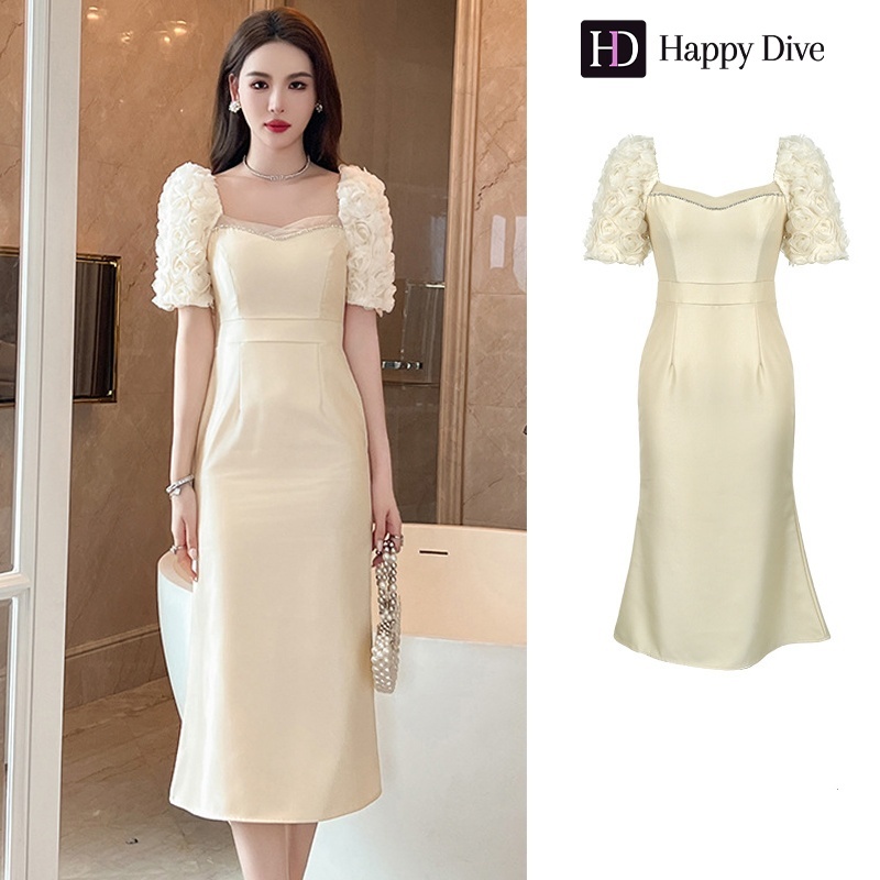 Happy Diva Women's Local shipping French Cream Satin One Step Dress Puff Sleeves Slim High Waist Wed