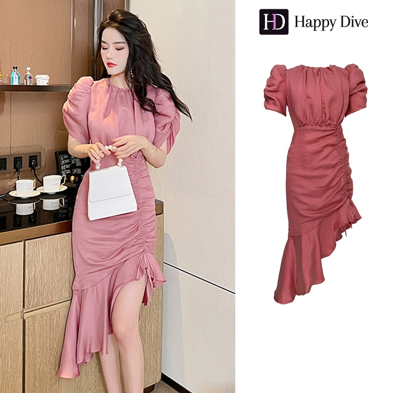 Happy Diva Women's Pink Korean Style Fashion Puff Sleeve Fishtail Dress Slim High Waist Wedding Form