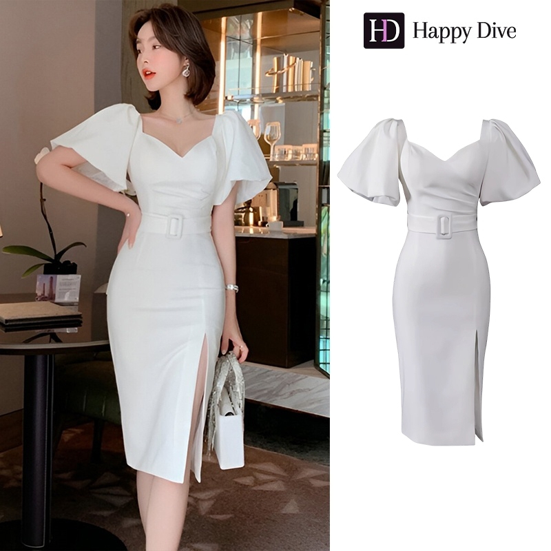 Happy Diva Summer Monochrome V-Neck Puff Sleeve Dress – Slim Fit & High Waist – Perfect for Wedding