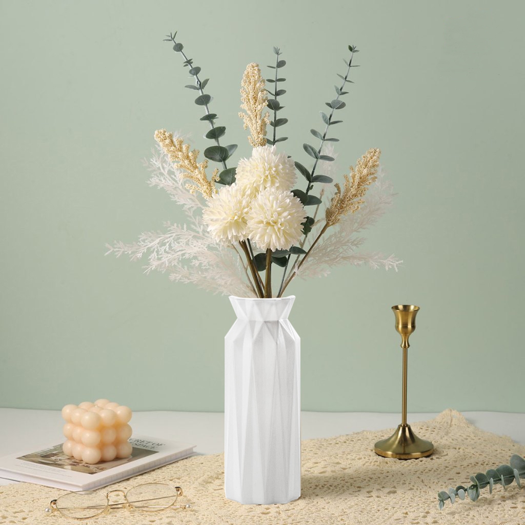 1Bunch (12pcs) Artificial Flowers chrysanthemum Bouquet with Vase Plastic Stems for Wedding Home Bed