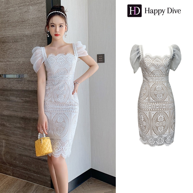 Happy Diva Local shipping Elegant White Lace Dress - Korean Style Puff Sleeves Wedding & Party Gown