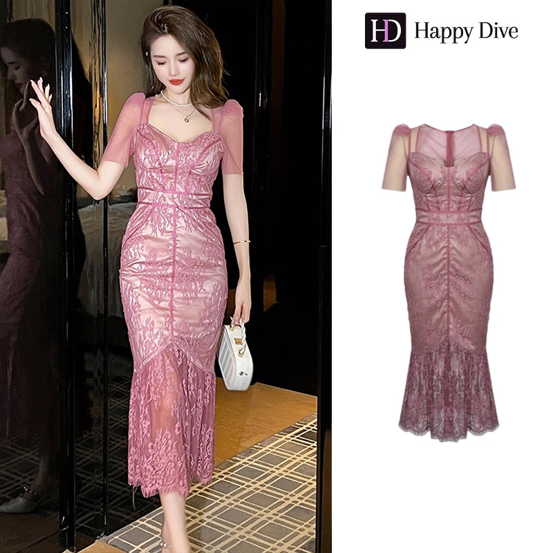 Happy Diva 2025 Summer New Women's French Black Pink Purple Lace Fishtail One Step Dress Slim High W