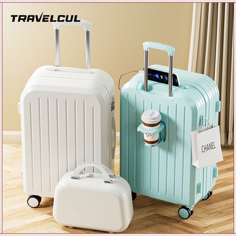 TRAVELCUL 14/20/24 Inch Hand Carry Luggage 7kg USB Charger Luggage Travel Bag Cup Holder Suitcase