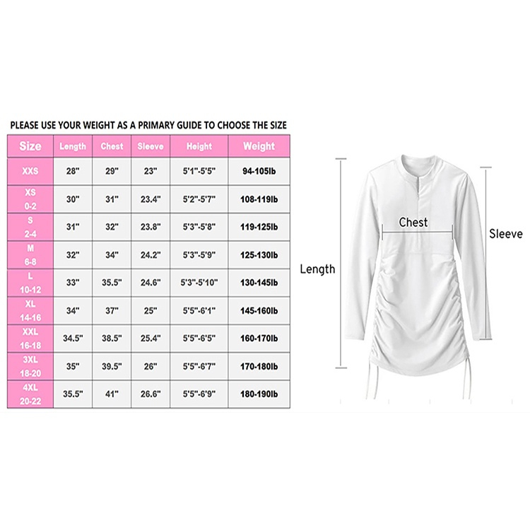 SAILBEE Women's UPF 50+ Half-Zip Long-Sleeve Rash Guard Swim Shirt — size chart