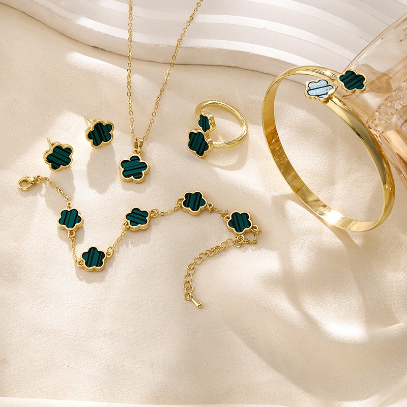 YX 6pcs Lucky Flower Bracelet Cinquefoil Necklace Ring Earrings Set Hypoallergenic 18K Colourfast Gi