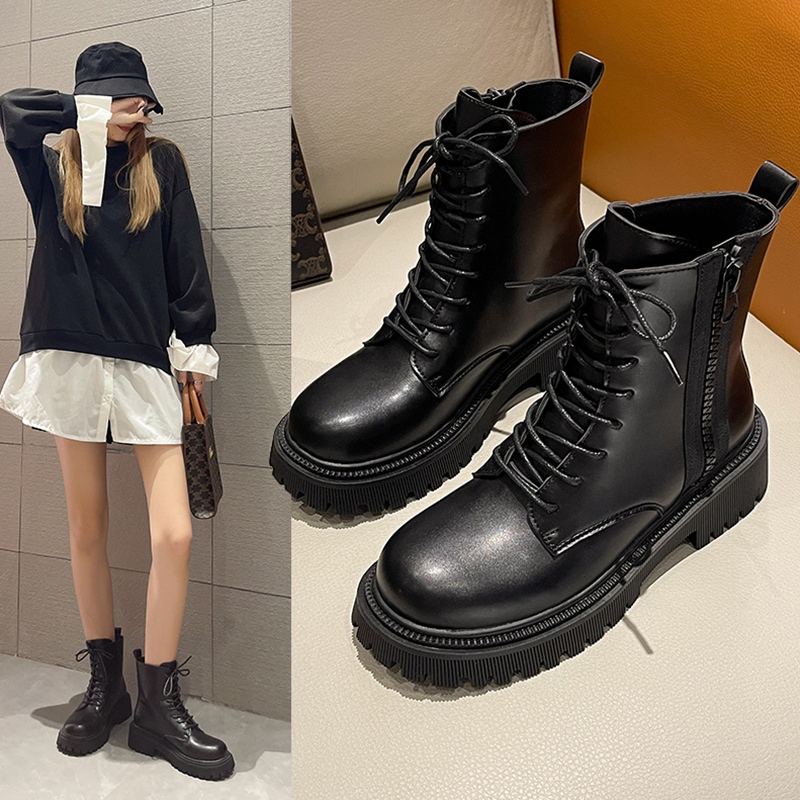 Black Women's Leather Boots Korean High Top Shoes Fashion Casual Doc Martens Ankle Boots