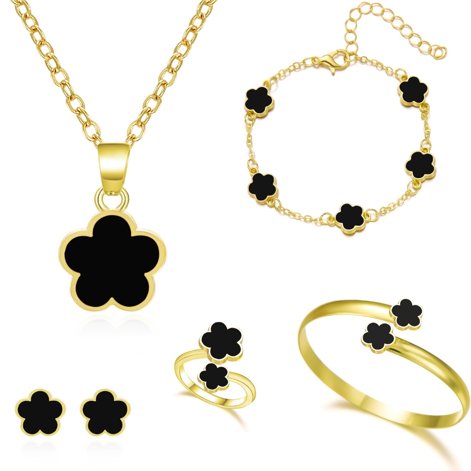 5 Pcs/Sets Fashion Black Clover Bracelets Flower Bangles Necklaces Rings Earrings 18k Gold Plated P