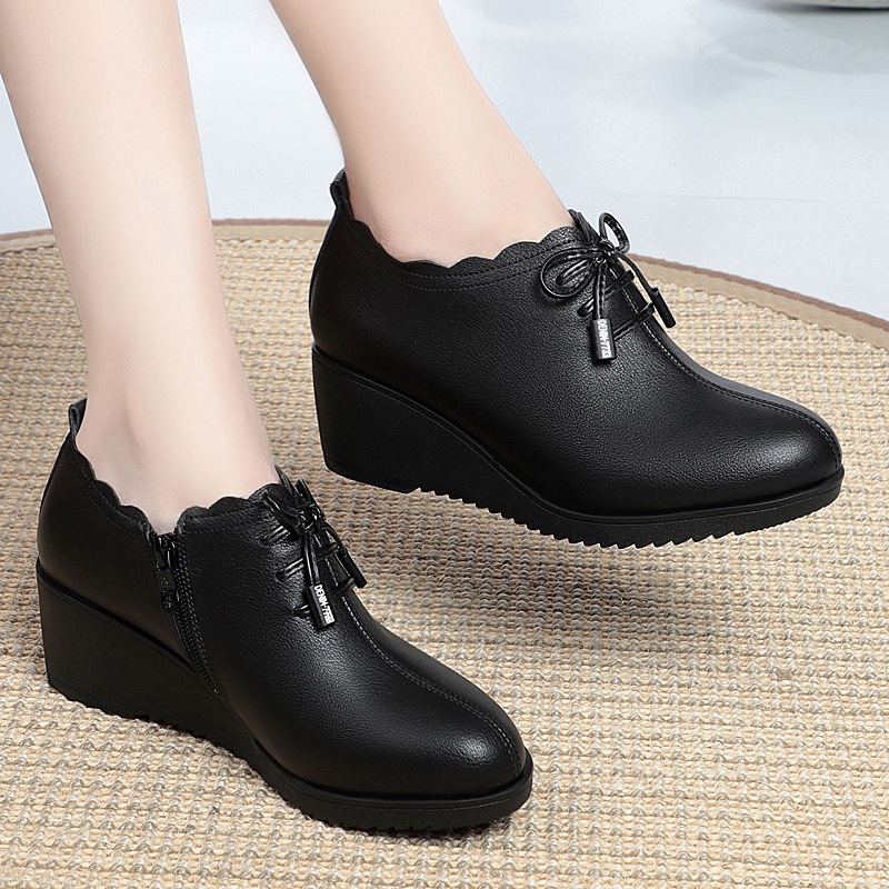 New chunky ankle boots High quality zipper soft leather black leather shoes for women