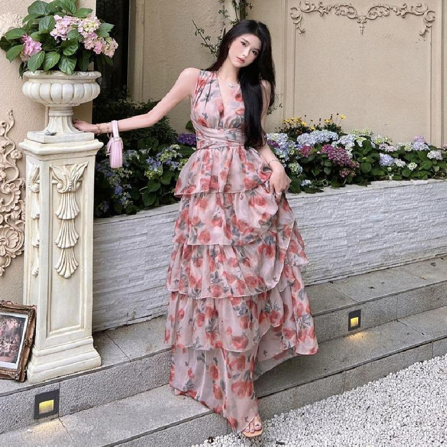 ZZ Austin Gardens, Backless Vacation Dresses, Oil Painting Premium Fairy Dresses, Summer Beach Dress
