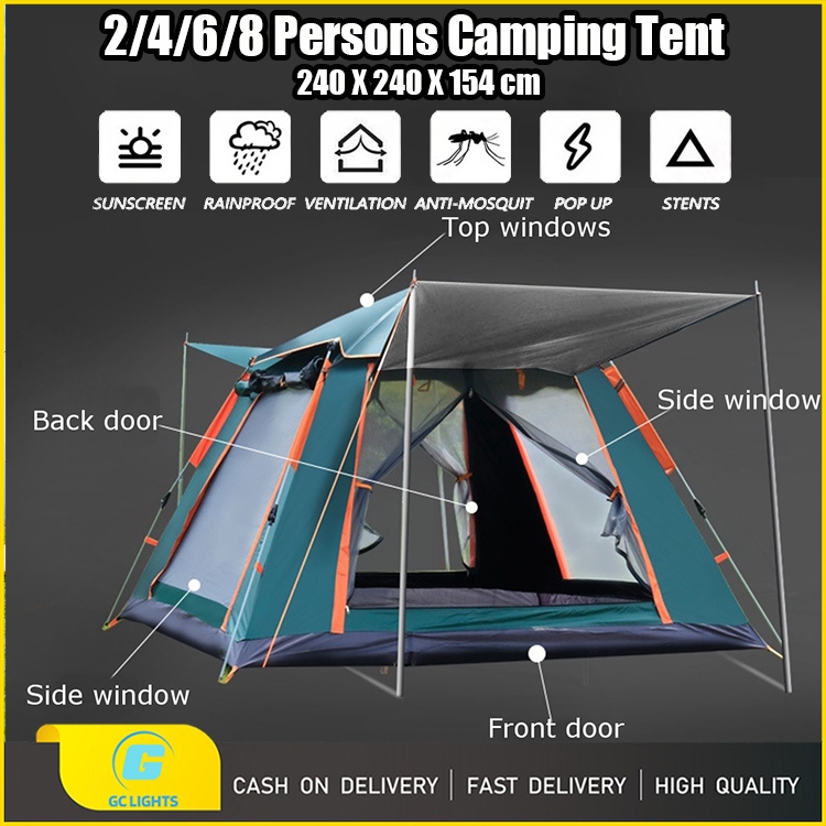 GC 2-8 Person Automatic Tent For Camping Double Layers Waterproof Square Tent Family Travel Tent
