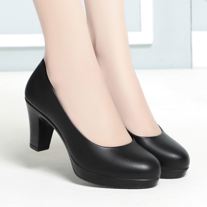 Women's soft black leather high heels School office casual leather shoes