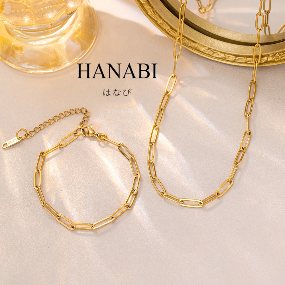 HANABI Stainless Steel Dainty Paper Clip Necklace Bracelet,Gold Paperclip Jewelry Set for Women