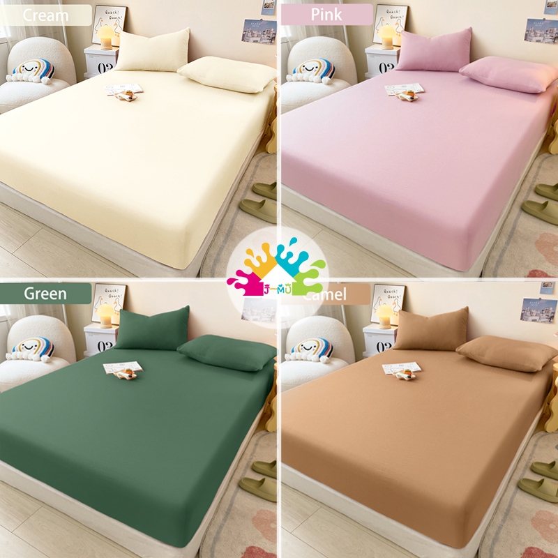 3in1 Bedsheet Fitted Sheet Queen/Single/Double/King Size With Pillowcase Plain Colors Bedding Set