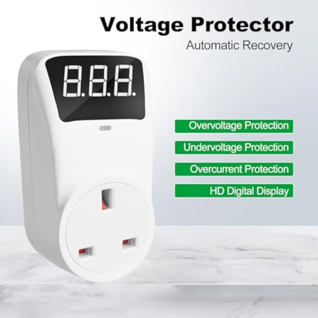Digital Automatic Voltage Protector Socket 13A LCD Display Power Surge Protector Socket Overcurrent Voltage Relay Protector Outlet