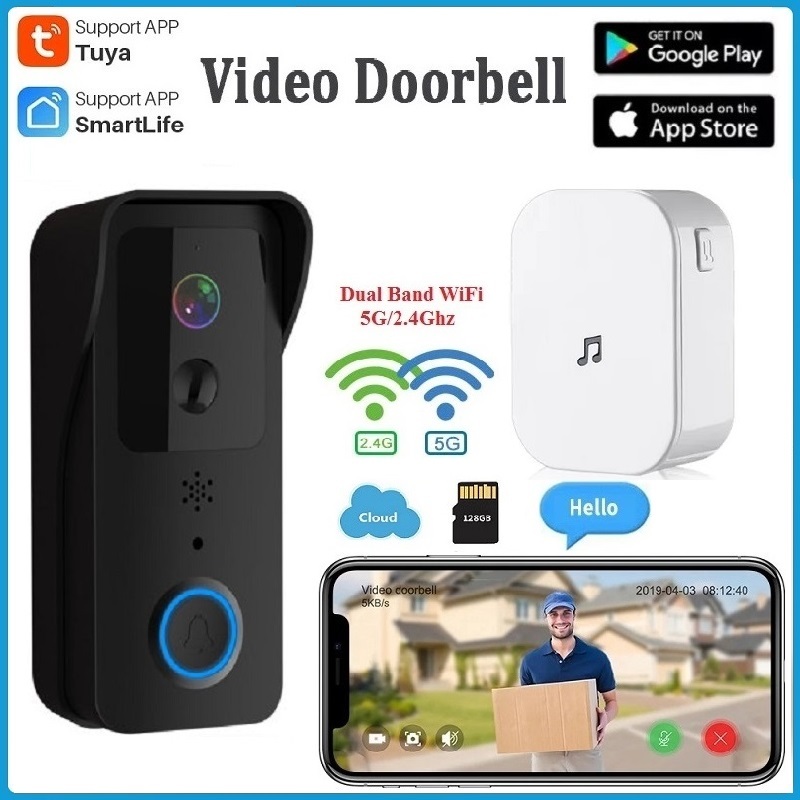 1080P Tuya Smart WiFi Video Doorbell 5G/2.4GHz Dual Band Outdoor Wireless Door Bell IP54 Waterproof Smart Home Doorbell WiFi Camera Intercom