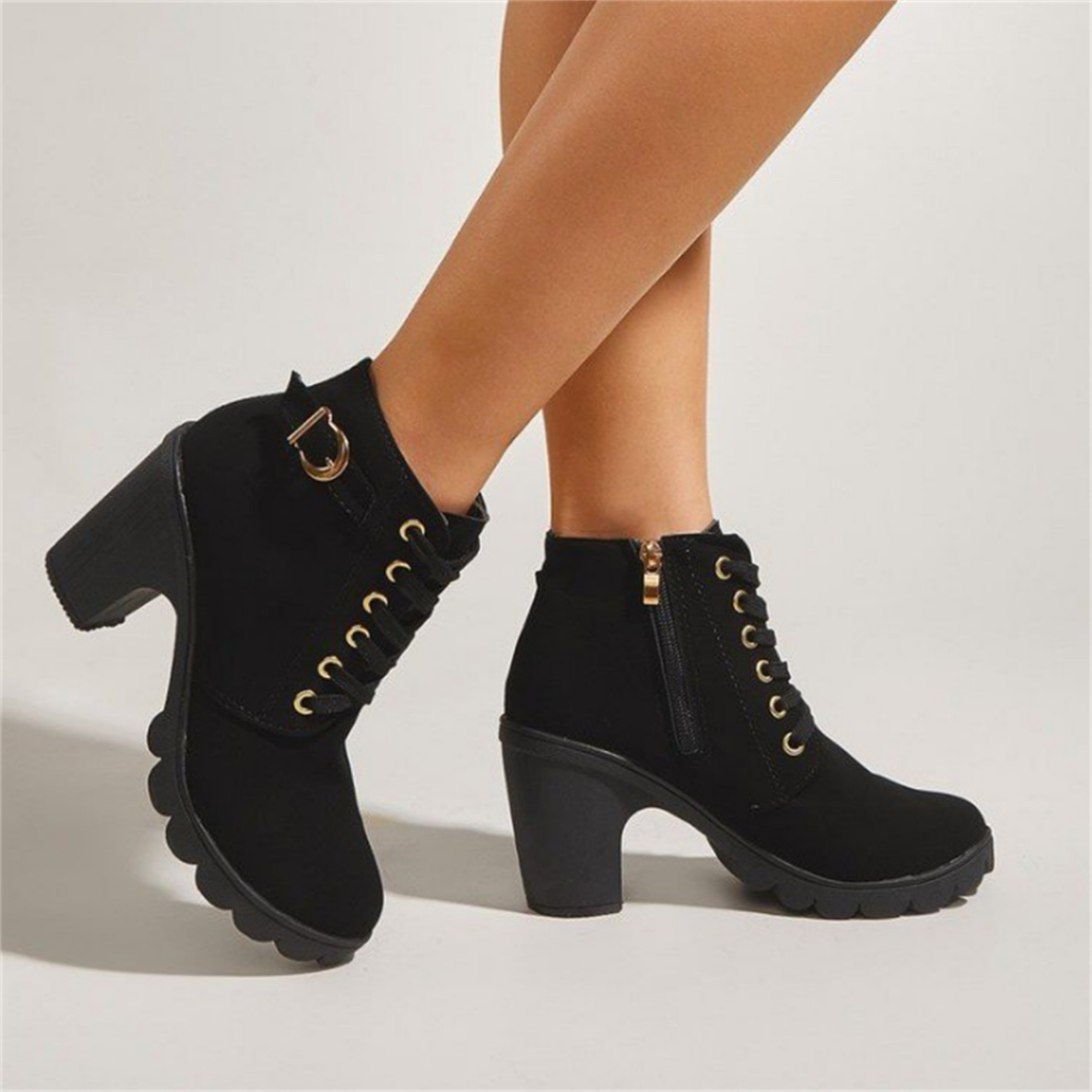 Size 35-42 Women's Low Barrel Short Boots High Heel Ankle Boots Causal Lace Up Shoes