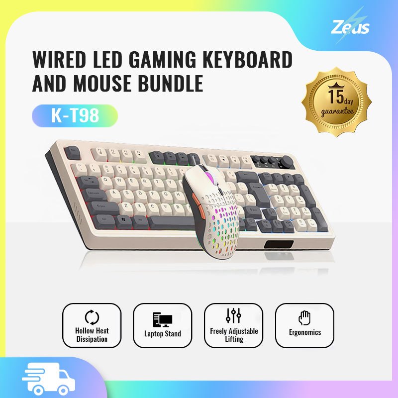 Zeus x Raiku Wired Rainbow LED Gaming Keyboard Bundle And Mouse Set 98 Silent Media Keys Volume Knob