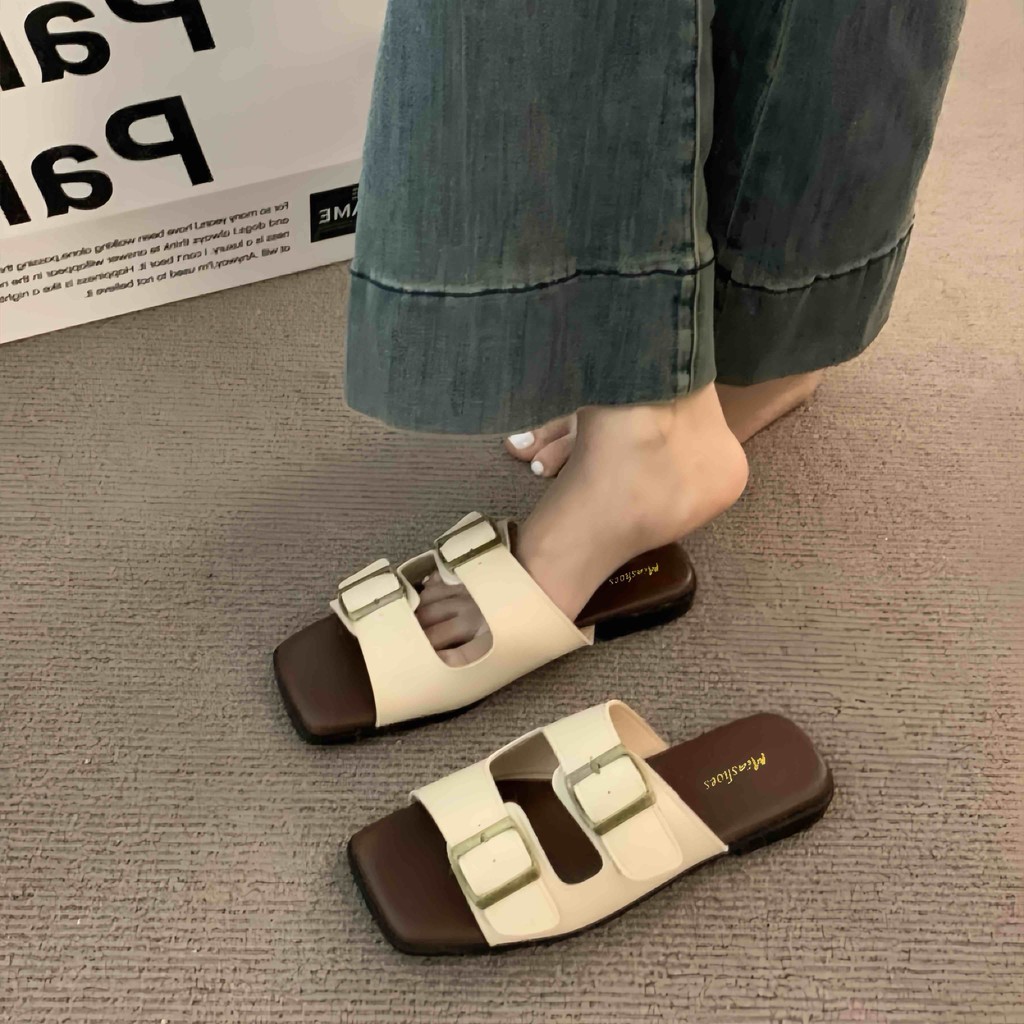YYHN Elegant Leather Flat Sole Sandals Aesthetic Design Two Strap With Buckle Women Slippers(Add+1 S