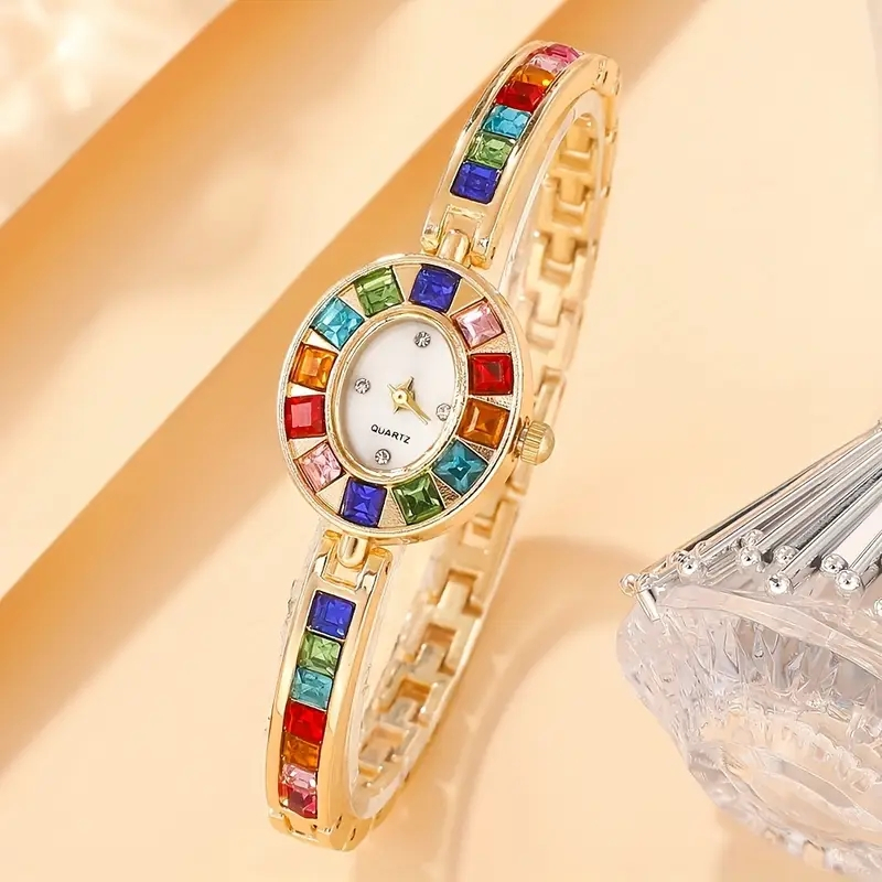 1PC Women's Retro Style Quartz Watch Elegant Ladies' Style Colorful Diamond Set Dial Compact Watch W